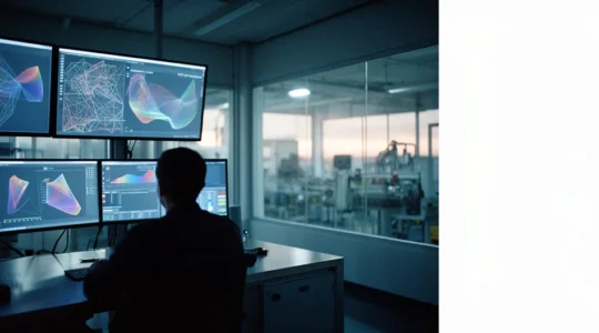 Vue d'ensemble d'une salle de contrôle industrielle moderne avec écrans de supervision et équipements de sécurité réseau