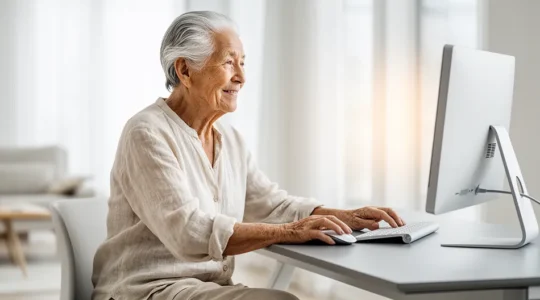 Personne senior concentrée utilisant confortablement un ordinateur avec une interface adaptée dans un environnement lumineux