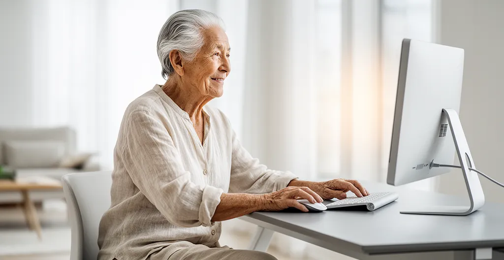 Personne senior concentrée utilisant confortablement un ordinateur avec une interface adaptée dans un environnement lumineux