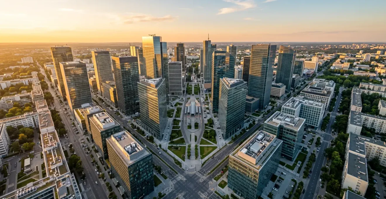 Vue aérienne d'un quartier d'affaires moderne avec gratte-ciels en verre reflétant le ciel, symbolisant la précision du ciblage des décideurs d'entreprise