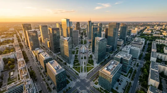 Vue aérienne d'un quartier d'affaires moderne avec gratte-ciels en verre reflétant le ciel, symbolisant la précision du ciblage des décideurs d'entreprise