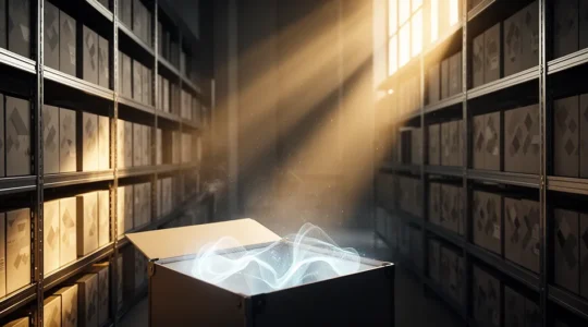 Salle d'archives moderne avec étagères métalliques et rayons de lumière révélant des données dorées