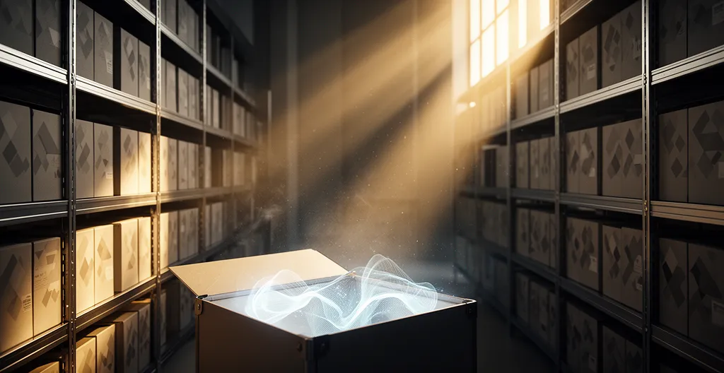 Salle d'archives moderne avec étagères métalliques et rayons de lumière révélant des données dorées