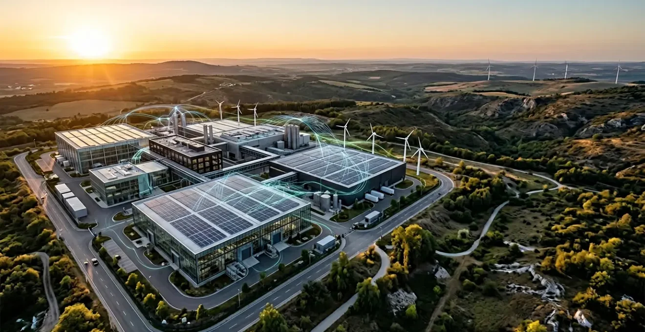 Vue aérienne d'une usine moderne avec capteurs IoT et flux de données numériques visibles représentant l'optimisation énergétique