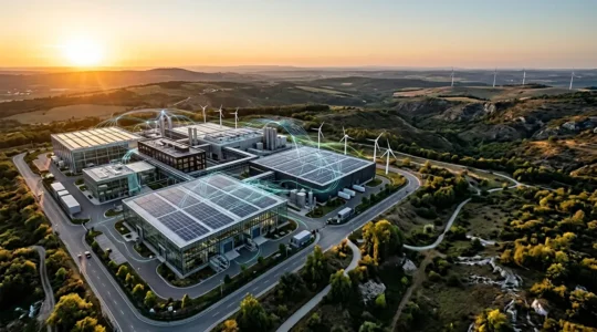 Vue aérienne d'une usine moderne avec capteurs IoT et flux de données numériques visibles représentant l'optimisation énergétique