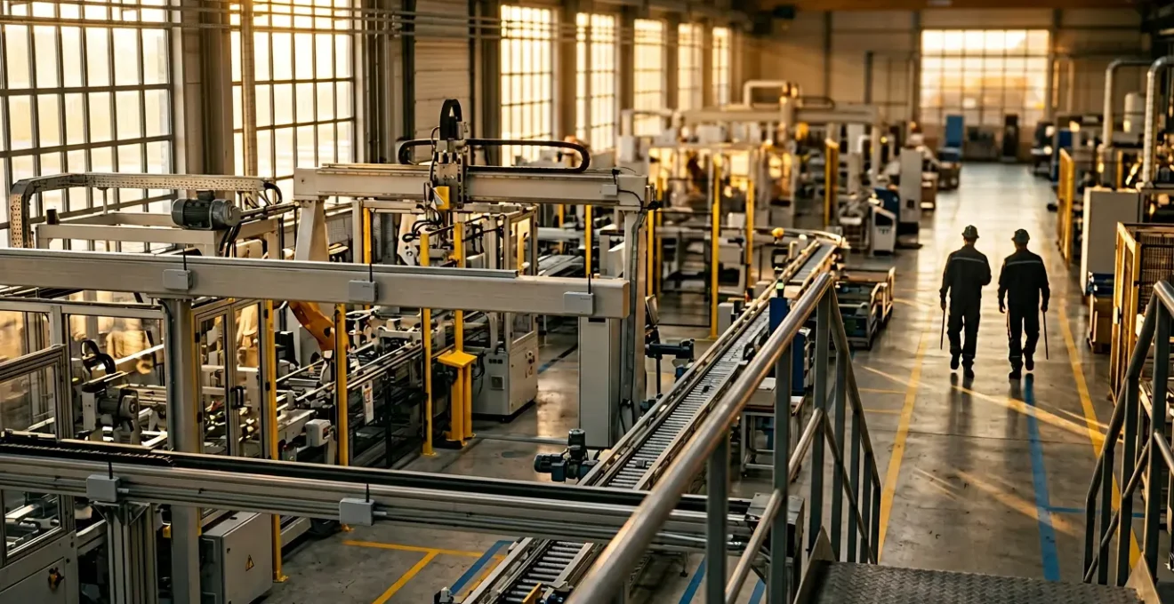 Vue aérienne d'une usine moderne équipée de capteurs IoT pour la maintenance prédictive