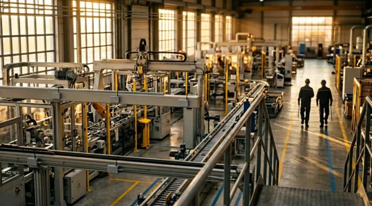 Vue aérienne d'une usine moderne équipée de capteurs IoT pour la maintenance prédictive