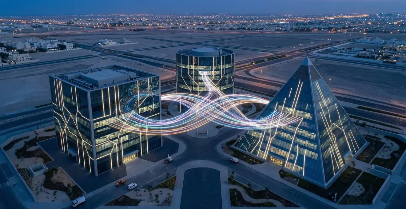 Vue aérienne minimaliste d'un réseau de connexions lumineuses entre trois bâtiments futuristes