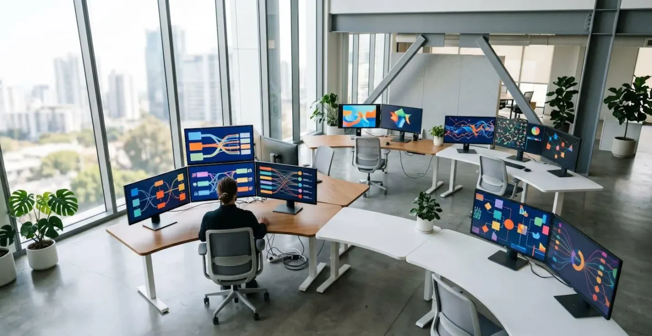 Espace de travail minimaliste avec plusieurs écrans montrant des visuels abstraits et des graphiques de distribution de contenu
