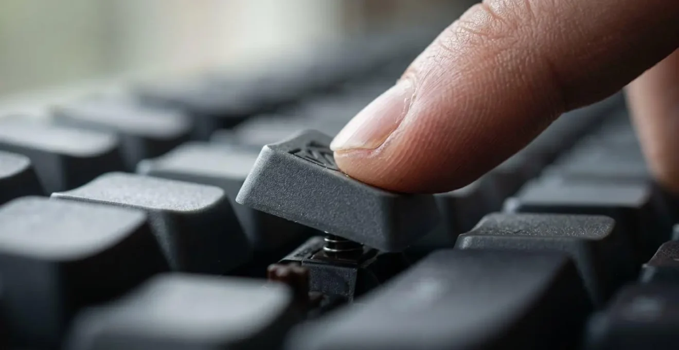 Gros plan sur des mains tapant sur un clavier avec mise au point sélective et environnement de travail flou en arrière-plan