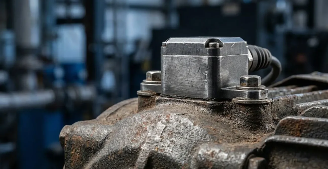 Gros plan sur un capteur de vibration triaxial installé sur un palier de moteur industriel
