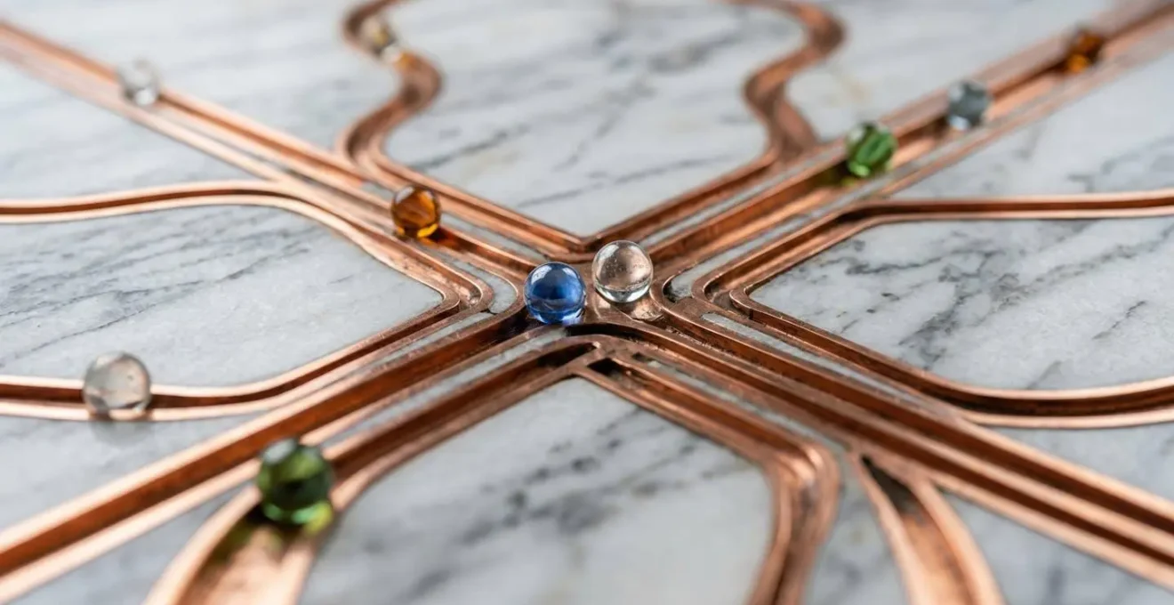 Vue macro d'un plateau de jeu stratégique représentant le parcours client avec des chemins interconnectés
