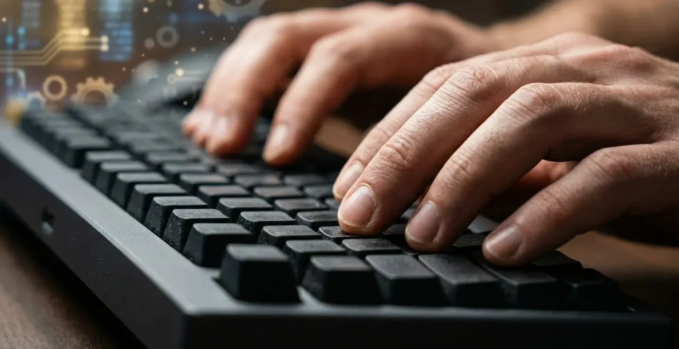 Commercial souriant travaillant efficacement avec outils automatisés en arrière-plan