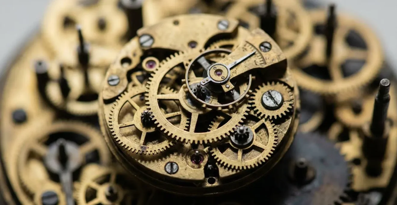 Horloge vintage avec mécanisme visible montrant le passage naturel du temps