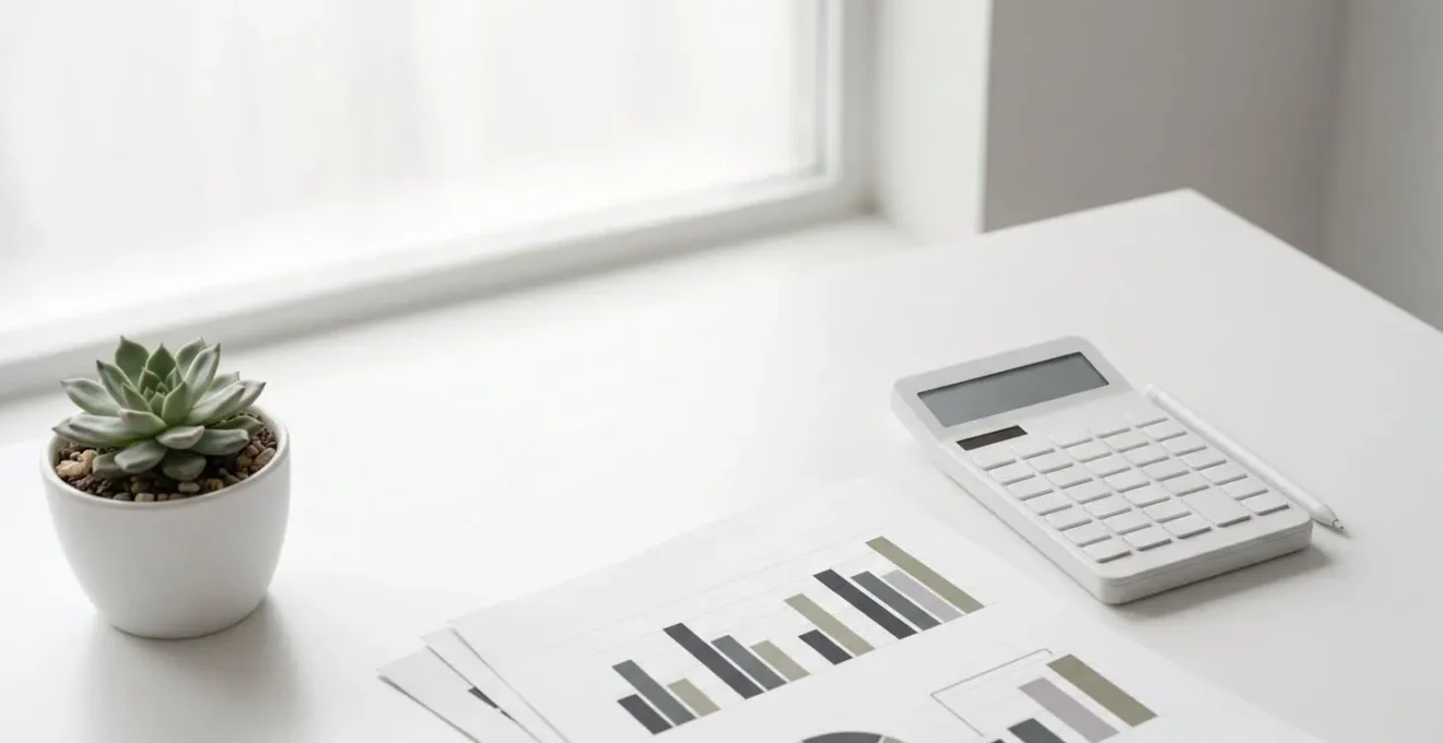 Vue minimaliste d'un bureau avec une calculatrice moderne et des graphiques abstraits suggérant la planification budgétaire