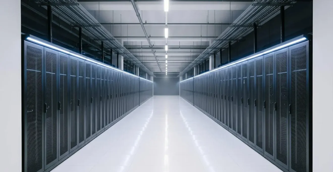 Hall de datacenter professionnel avec rangées de racks serveurs et éclairage LED blanc froid