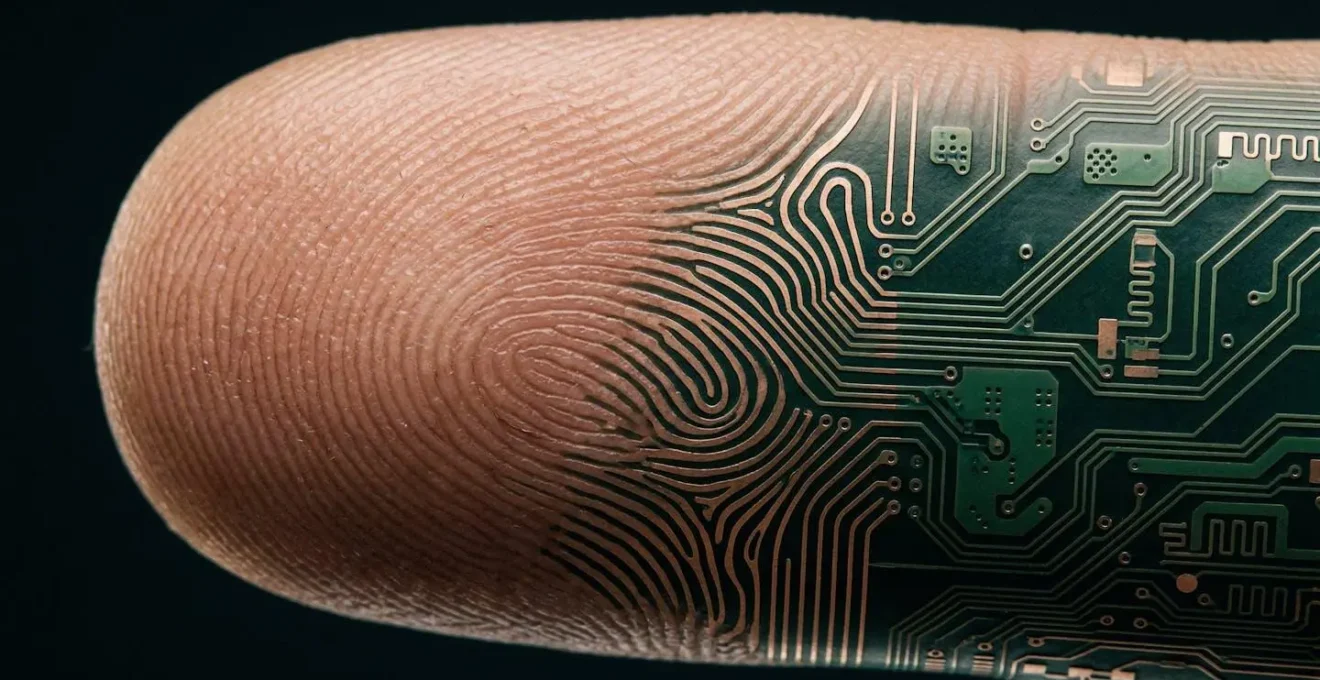 Détail macro d'une empreinte digitale fusionnée avec des circuits électroniques