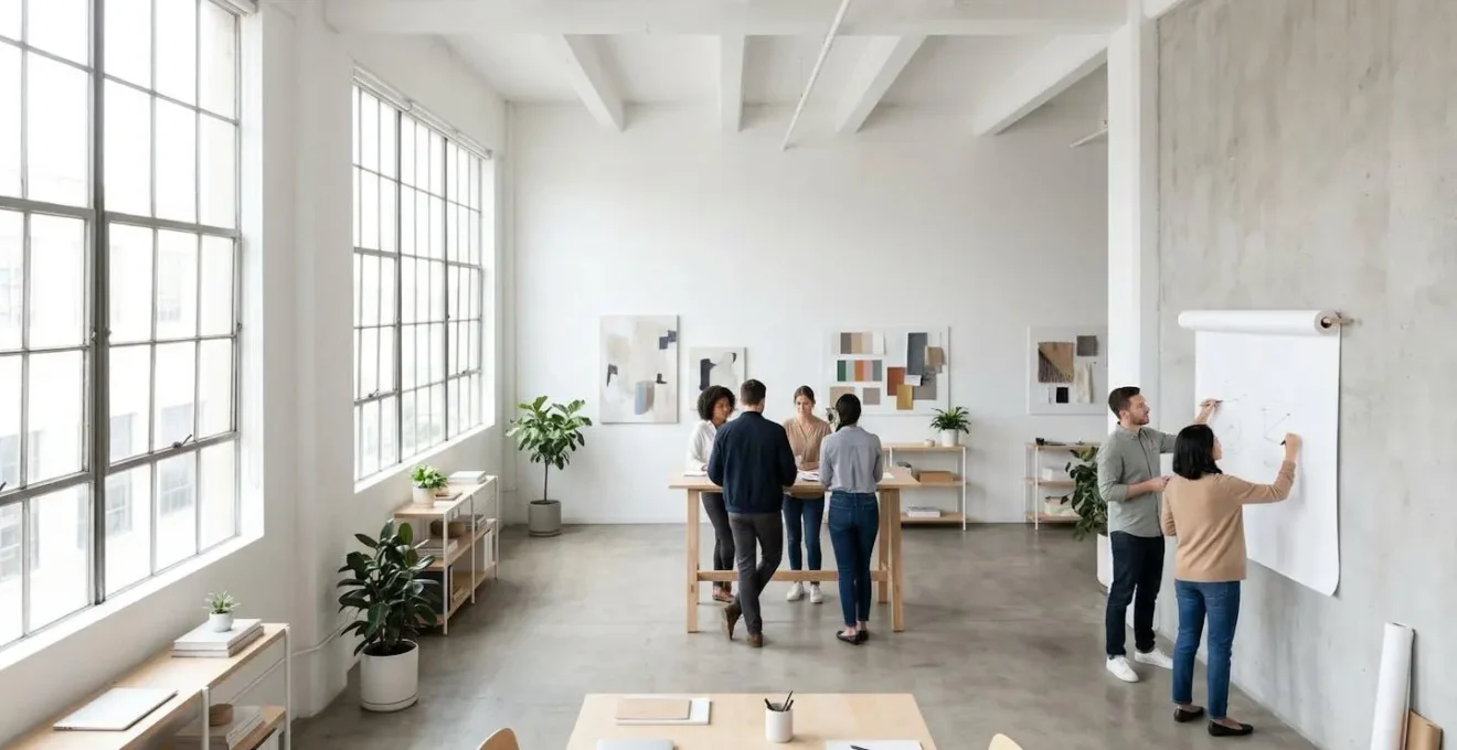 Espace de travail créatif ouvert avec professionnels en collaboration naturelle