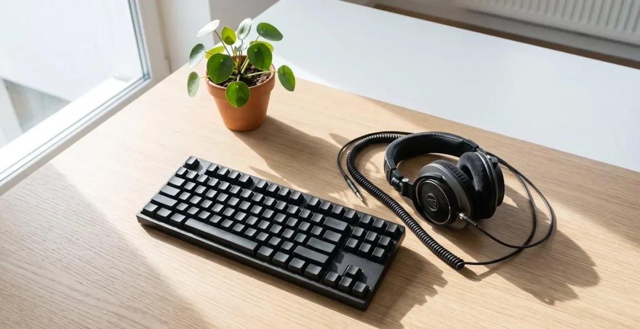 Bureau épuré avec clavier mécanique et casque audio symbolisant l'environnement de test d'accessibilité