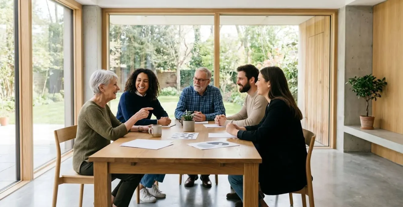Groupe intergénérationnel collaborant naturellement autour d'une table dans un espace lumineux