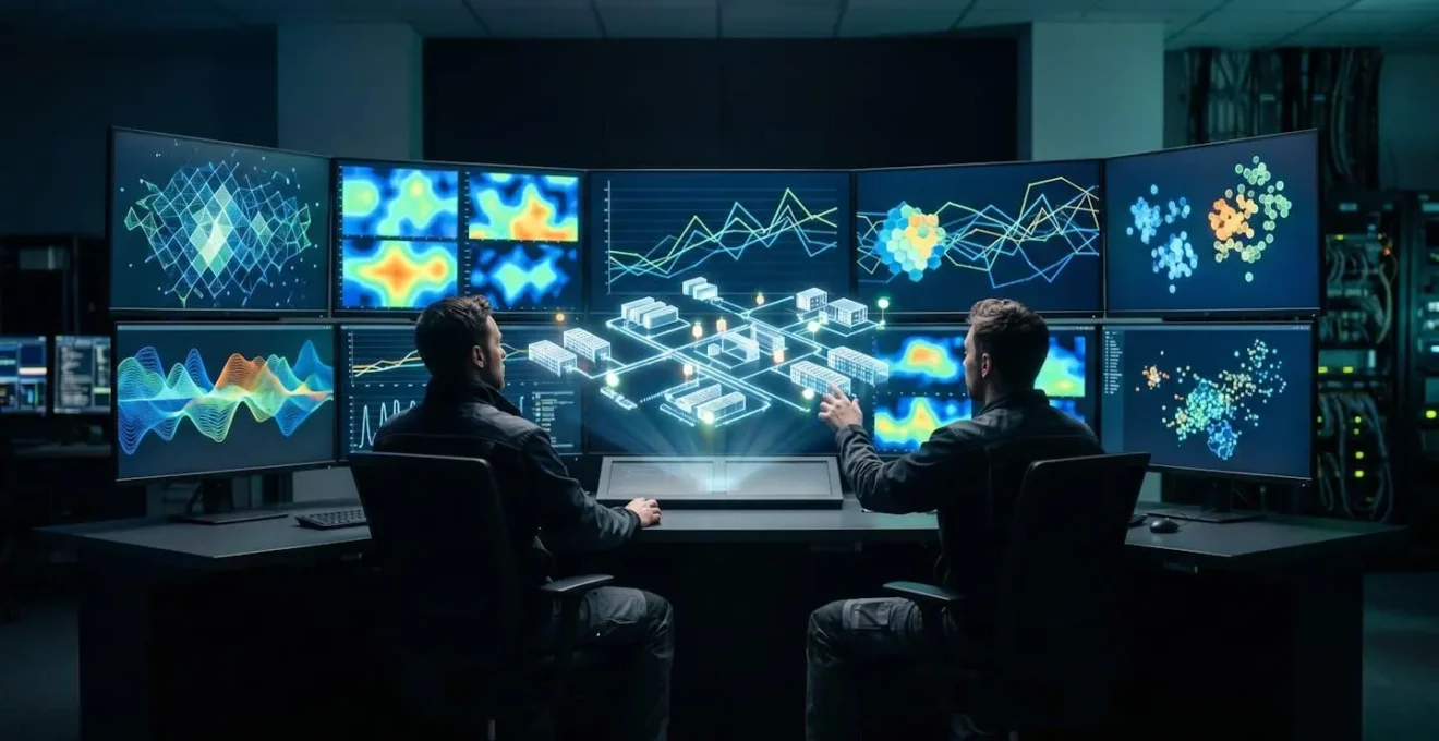 Centre de contrôle avec écrans affichant la visualisation en temps réel des stocks multi-sites