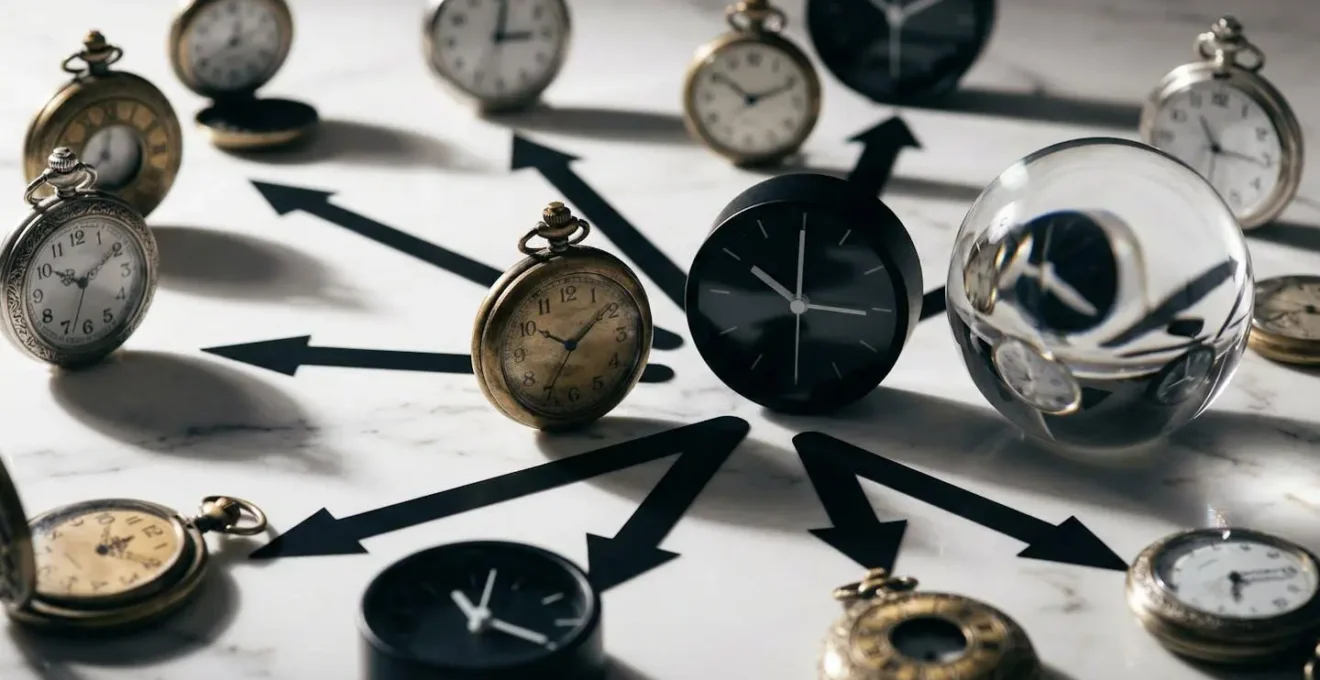 Composition abstraite avec horloges et flèches symbolisant différentes temporalités décisionnelles