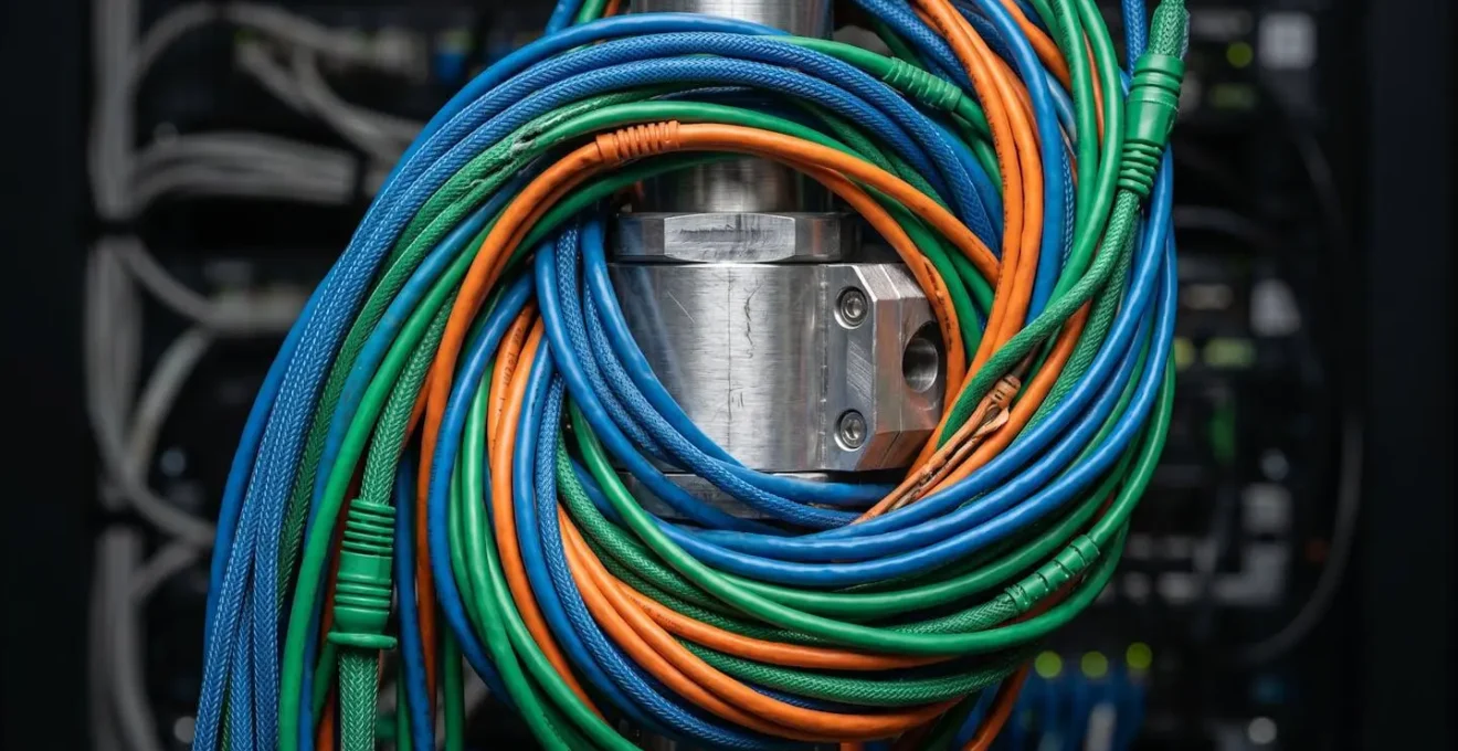 Vue macro de câbles réseau colorés s'entrelaçant autour d'une structure centrale métallique