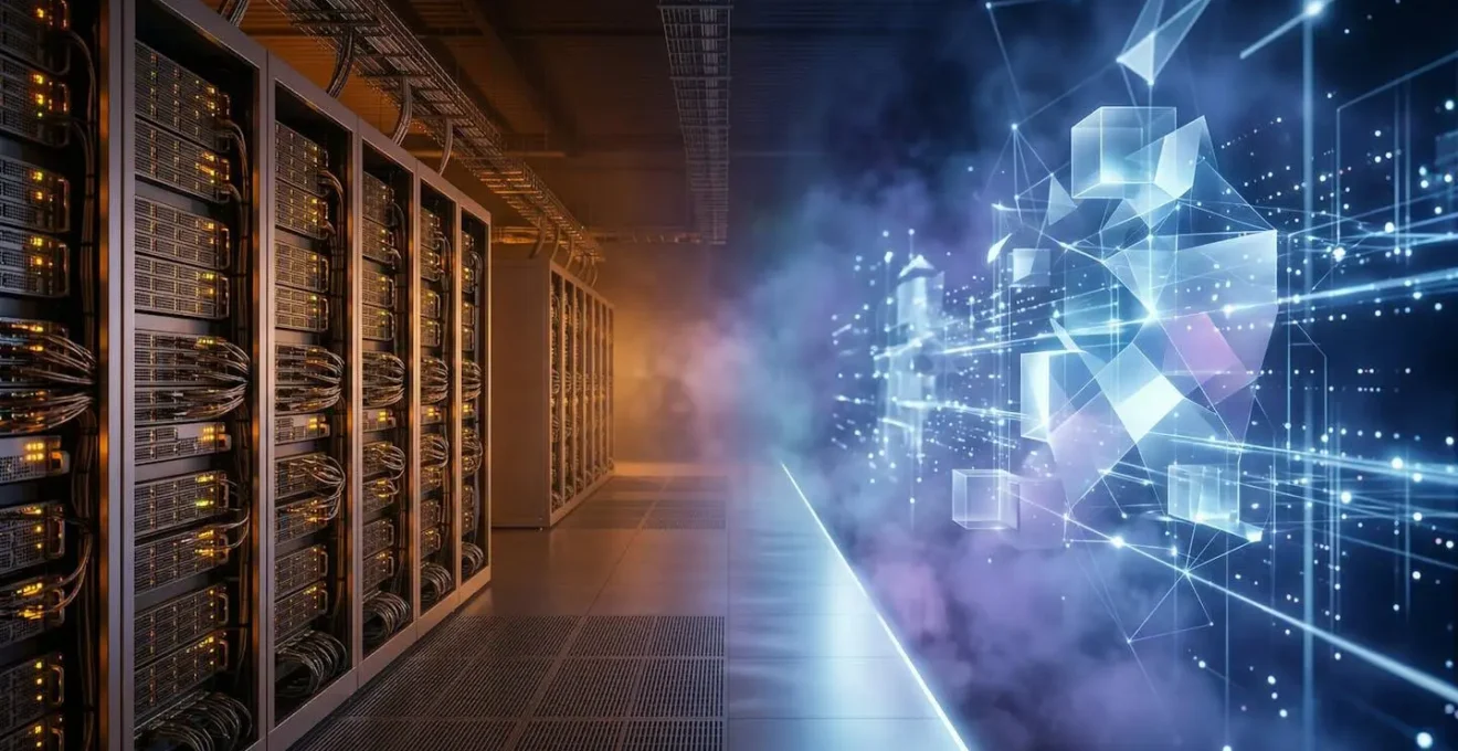 Salle serveur moderne avec infrastructure hybride cloud et on-premise