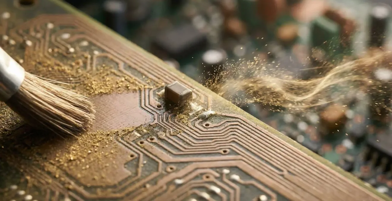 Vue macro de circuits imprimés avec particules de poussière dorée se transformant en flux de données