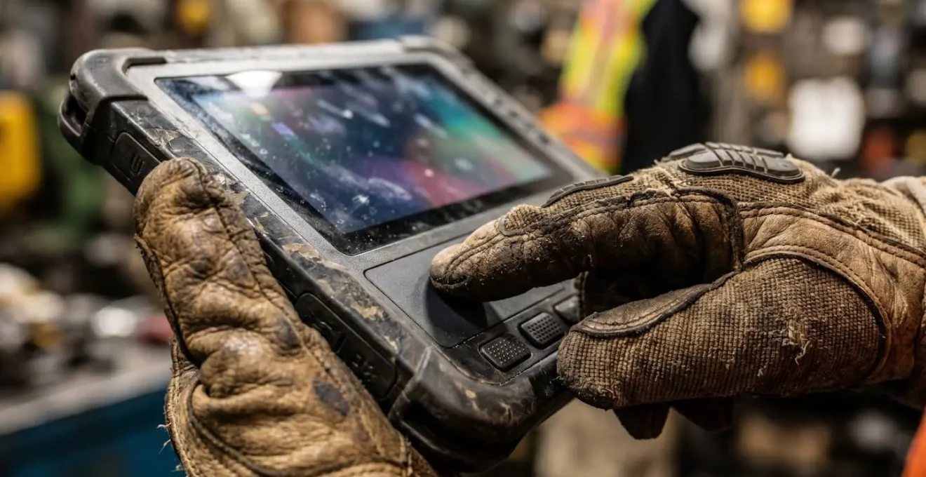 Travailleur en tenue de sécurité utilisant une tablette robuste dans un environnement industriel