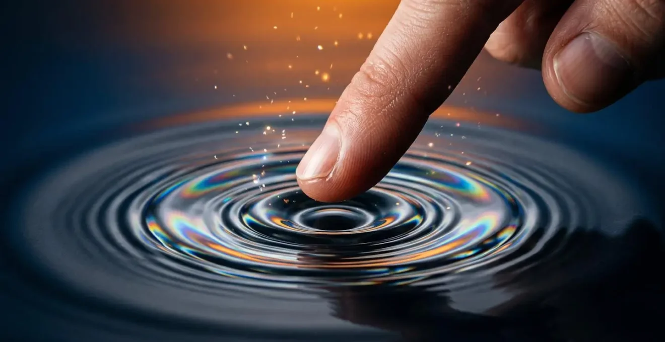 Gros plan macro sur un doigt approchant d'une surface interactive avec effet de transformation