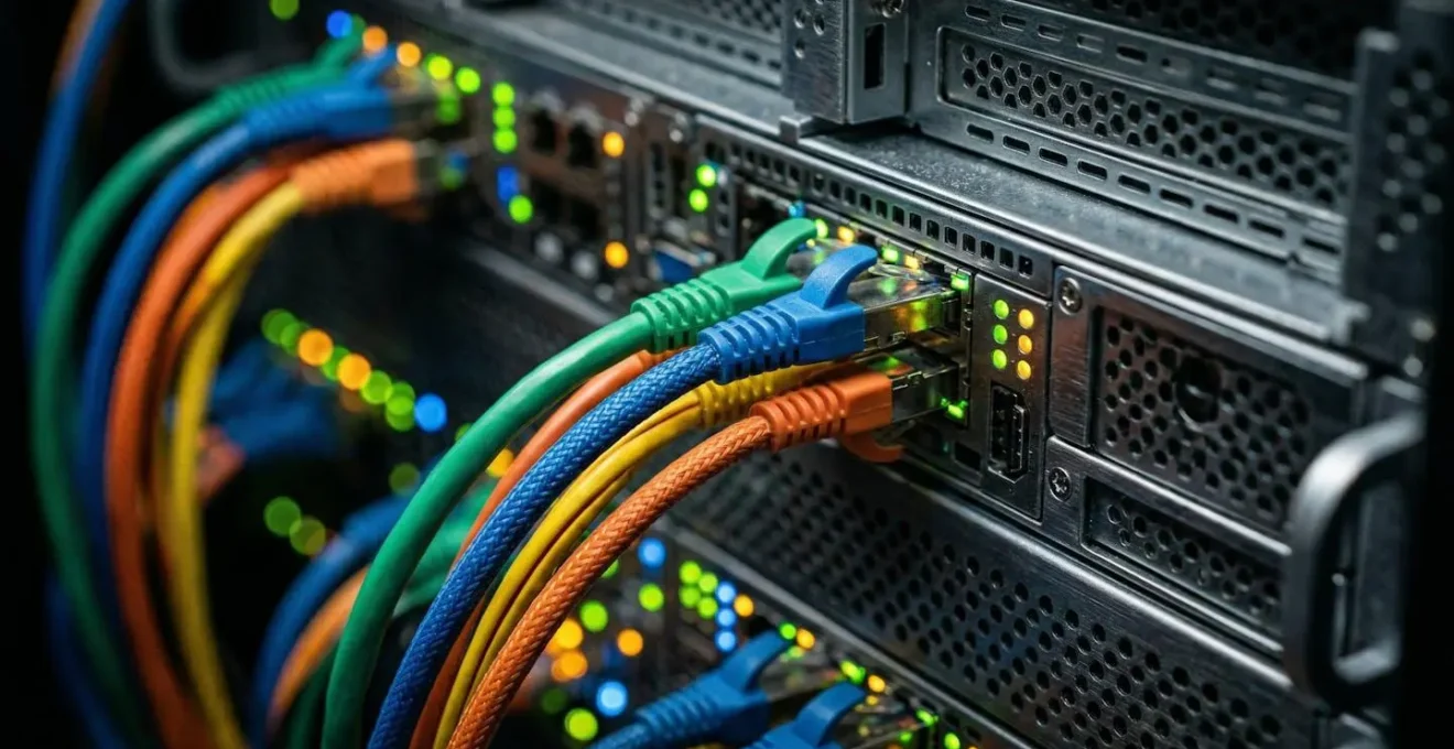 Gros plan sur un rack serveur industriel avec indicateurs LED et câbles réseau organisés