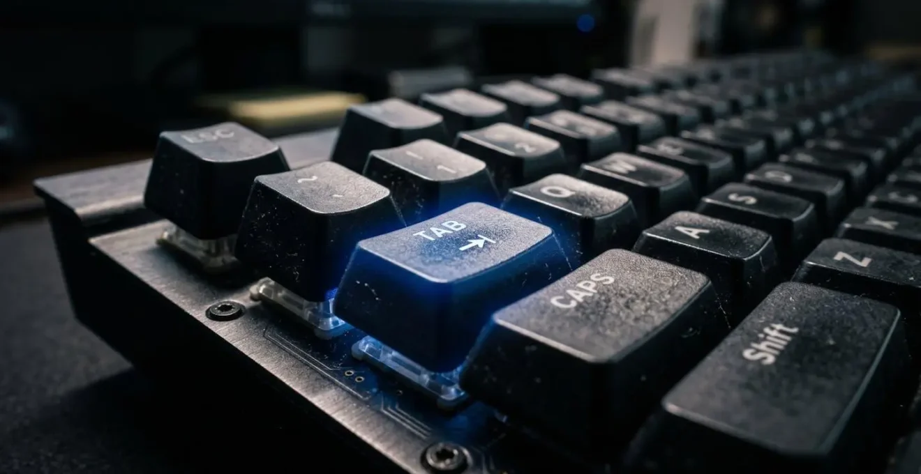 Gros plan sur un clavier avec un indicateur de focus lumineux se déplaçant entre les touches Tab et les flèches directionnelles