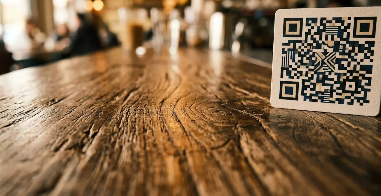 QR code stratégiquement placé sur un comptoir de commerce pour faciliter les avis clients