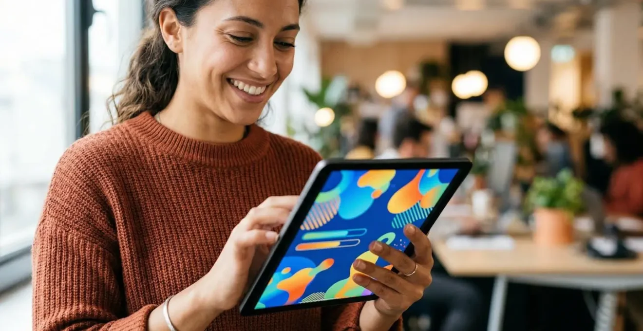 Personne interagissant avec une interface de quiz gamifiée sur tablette dans un environnement moderne