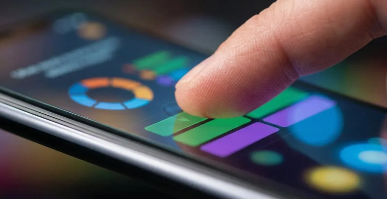 Vue macro détaillée d'une main tenant un smartphone montrant une interface de quiz colorée et ludique sans texte visible
