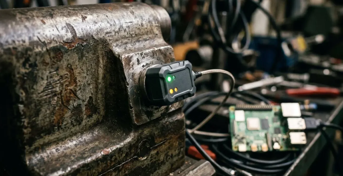 Gros plan sur des capteurs IoT installés sur une machine industrielle ancienne avec une carte Raspberry Pi