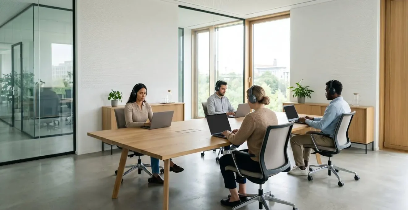 Salle de réunion moderne avec participants utilisant chacun leur ordinateur portable et casque audio