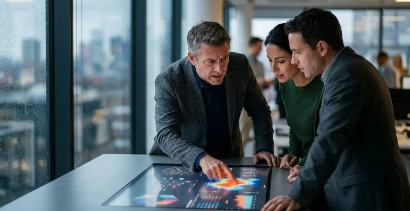 Comité de direction analysant des données sur écran interactif avec prise de décision collaborative