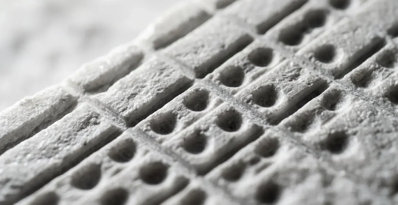 Vue macro d'une surface quadrillée en relief avec des intersections marquées symbolisant la structure d'un tableau de données