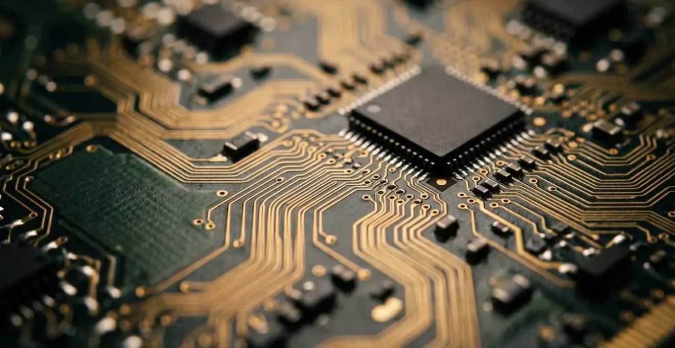 Gros plan macro sur des circuits électroniques interconnectés symbolisant la synchronisation des données entre systèmes