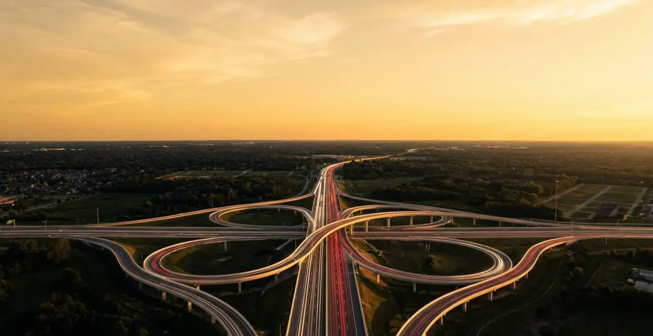 Vue aérienne minimaliste d'un carrefour routier symbolisant la convergence des canaux marketing digitaux