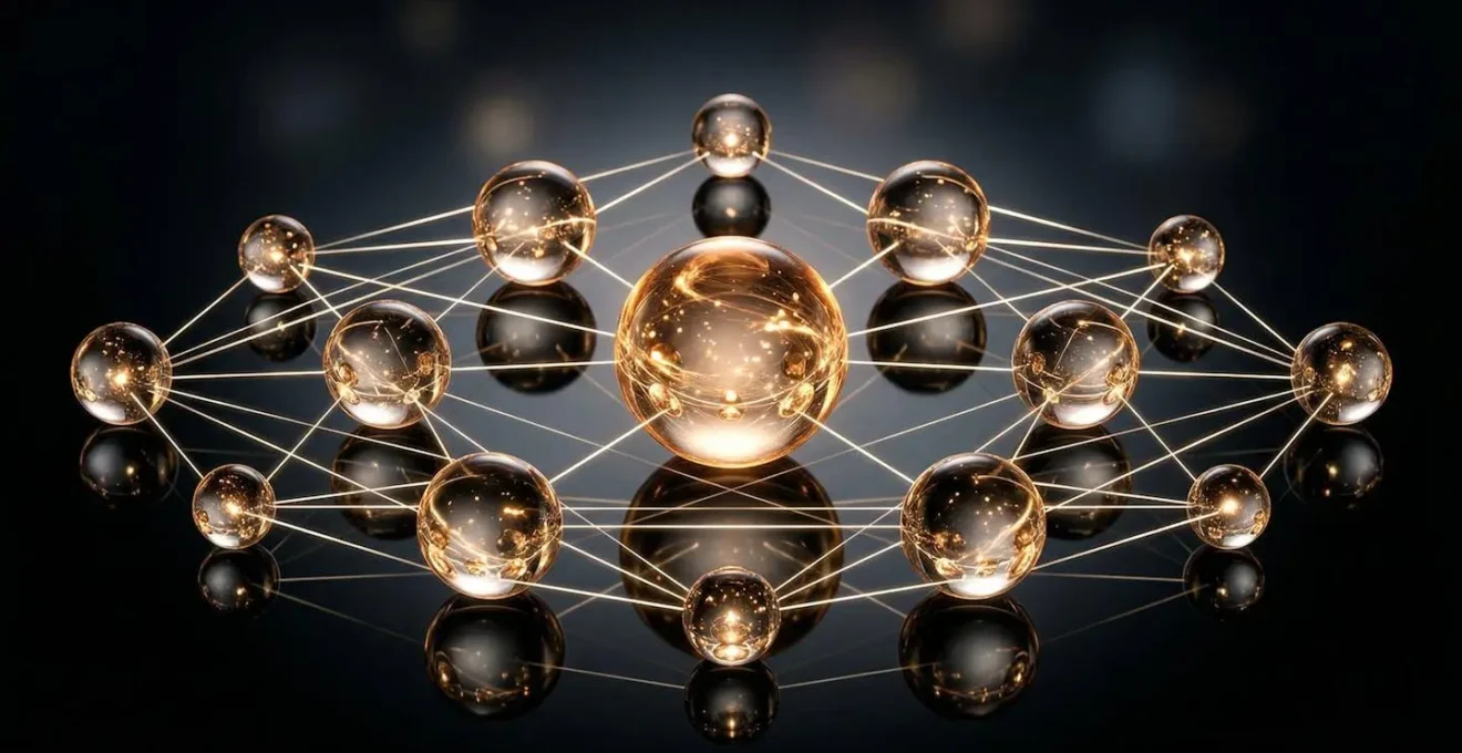 Composition symbolique de sphères lumineuses interconnectées représentant les différents canaux de vente