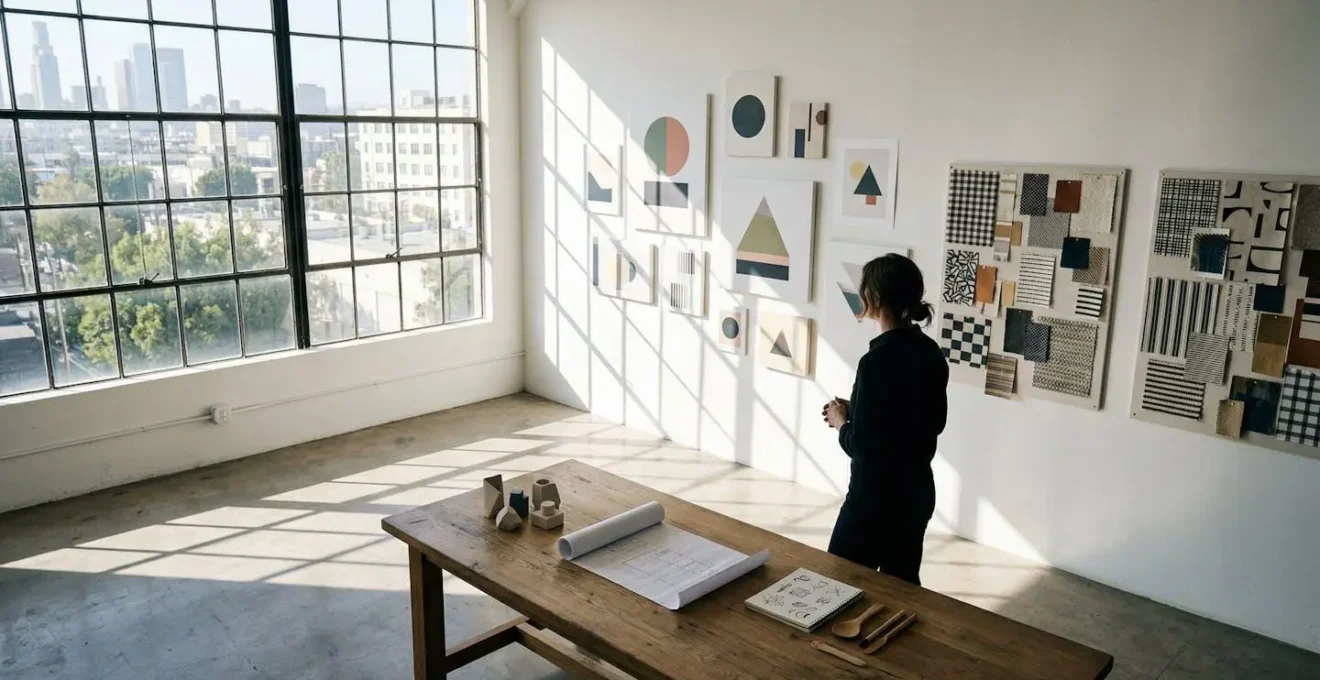 Composition montrant l'équilibre entre éléments visuels et textuels dans un environnement créatif