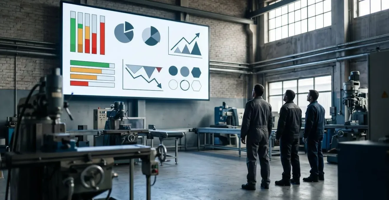Vue d'ensemble d'un atelier avec écran de monitoring affichant des indicateurs de performance colorés