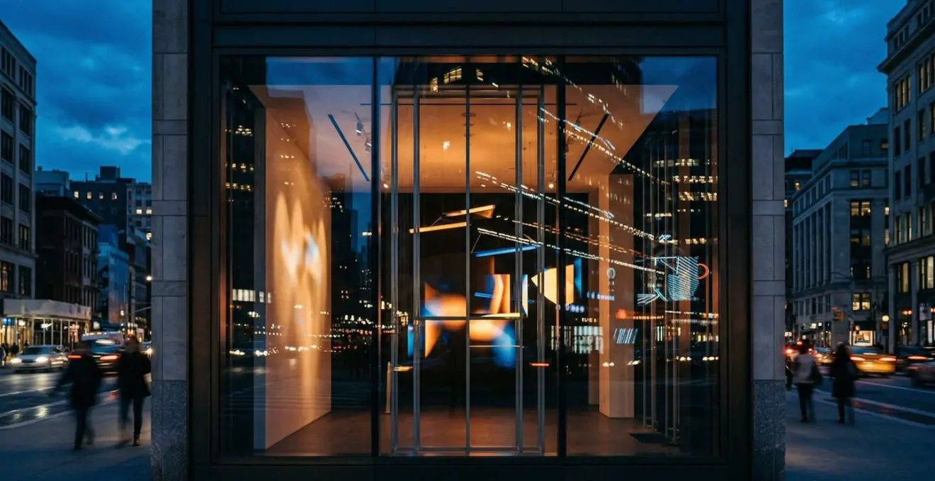 Vitrine physique d'une boutique avec reflets abstraits suggérant la complémentarité digitale