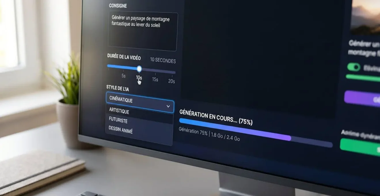 Gros plan sur un écran d'ordinateur affichant l'interface d'un logiciel de génération vidéo par intelligence artificielle avec champs de saisie de prompts et paramètres de configuration visibles