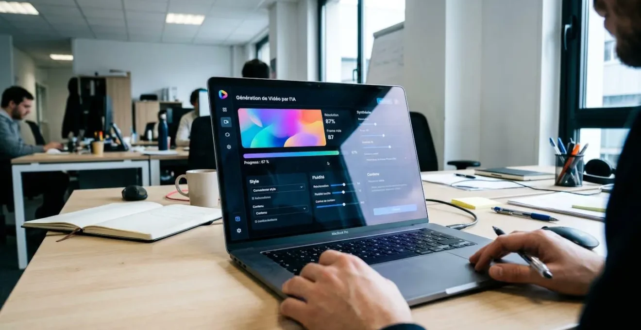 Écran d'ordinateur portable affichant une interface de génération vidéo par IA avec barre de progression à quatre-vingt-sept pour cent et temps restant estimé