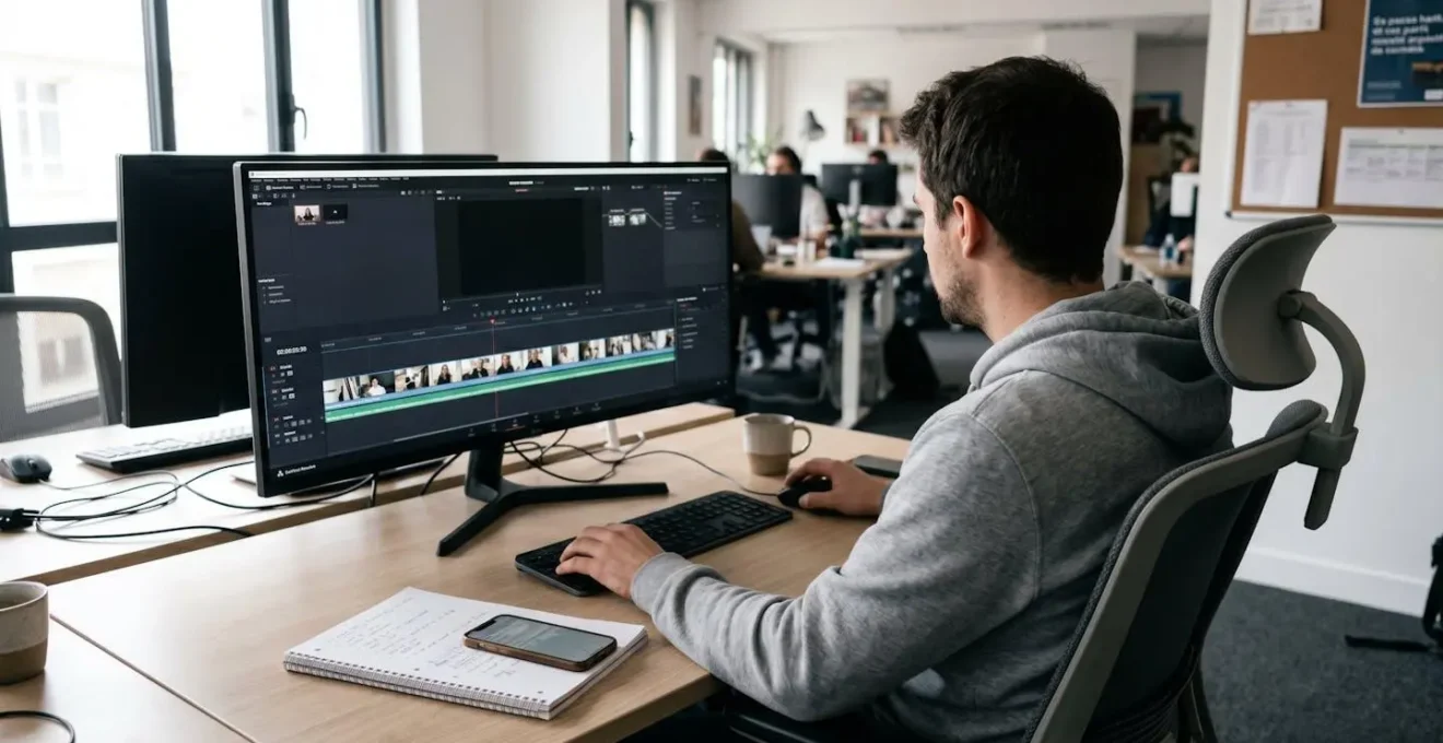Personne vue de dos et de côté travaillant sur un ordinateur en train de consulter une timeline de montage vidéo avec plusieurs clips vidéo générés par intelligence artificielle affichés à l'écran