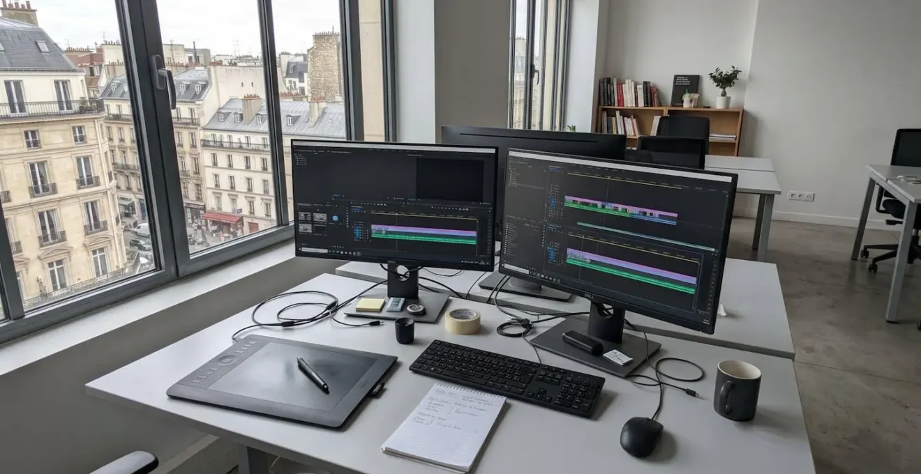 Poste de travail professionnel de production vidéo avec deux écrans affichant des interfaces de montage et une tablette graphique sur un bureau moderne éclairé par la lumière naturelle